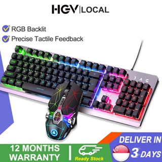 HGV Wired Gaming Keyboard and Mouse Combo LED Rainbow Backlit 3200 DPI for Windows PC Gamers