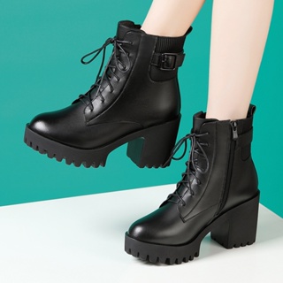 Image of thu nhỏ [Qiannian Beautiful Women's Shoes 2] High-Heeled Martin Boots Women 2021 Autumn Winter New Style Round Toe Lace-Up Fleece-Lining Mid-Tube Waterproof Platform Thick-So #5