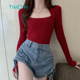 7 Colors S-2XL Sexy Tops Bottoming Shirt Women's Inner Collarbone Square Neck Slim-Fit Slimmer Look Long-Sleeved Sweater 2023 Autumn * Timo Ready Stock