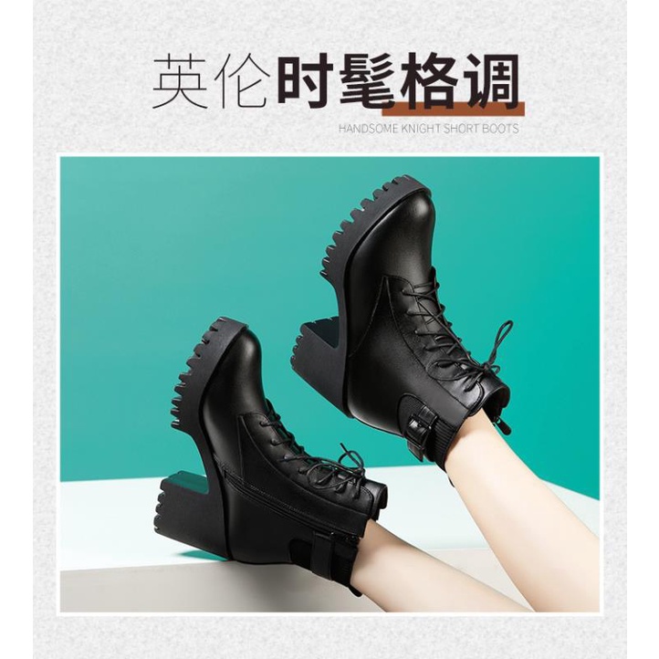 Image of [Qiannian Beautiful Women's Shoes 2] High-Heeled Martin Boots Women 2021 Autumn Winter New Style Round Toe Lace-Up Fleece-Lining Mid-Tube Waterproof Platform Thick-So #8