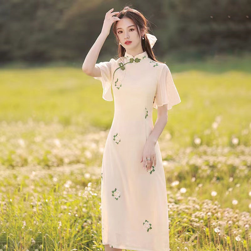 Image of 2022 New Style Cheongsam dress Improved Tea Women Summer Young High-End Embroidered Fresh Elegant Everyday #0