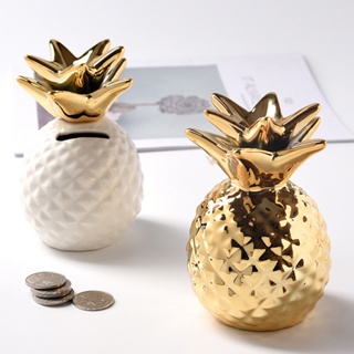 Image of thu nhỏ [Ahagexa] Pineapple Shape Money Box Deco Figurine Piggy Bank Ceramic Coin Bank Gift Idea Size 8 X 13 Cm, White / Gold Color #0