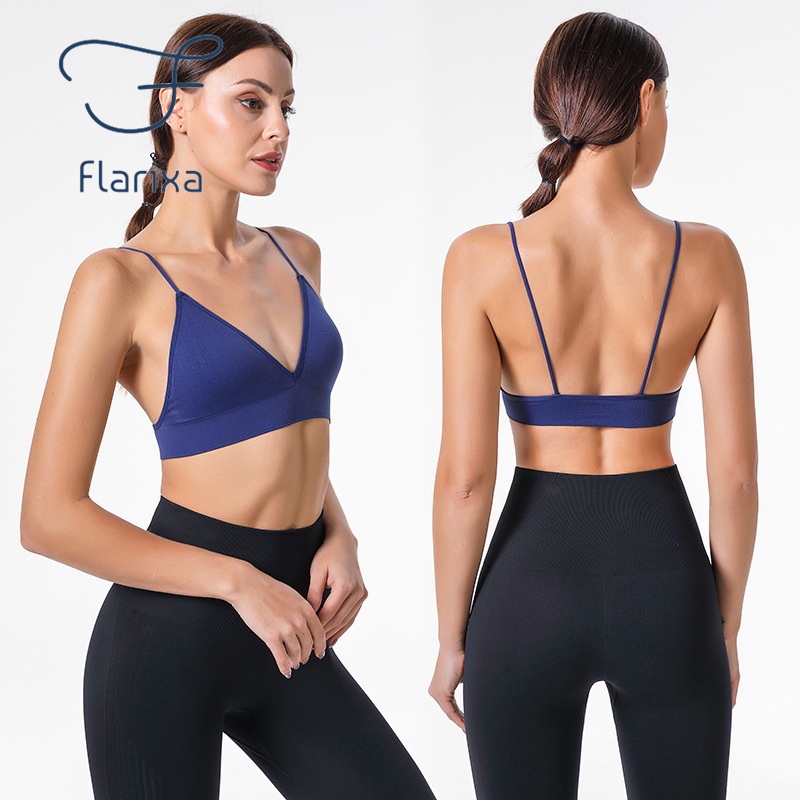 Flarixa Fitness Yoga Top Deep V Sexy Women Sports Yoga Bra Seamless Cross Back Top Push Up Effect wi