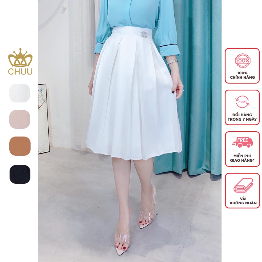 Chân váy xếp ly dài dáng xòe midi qua gối