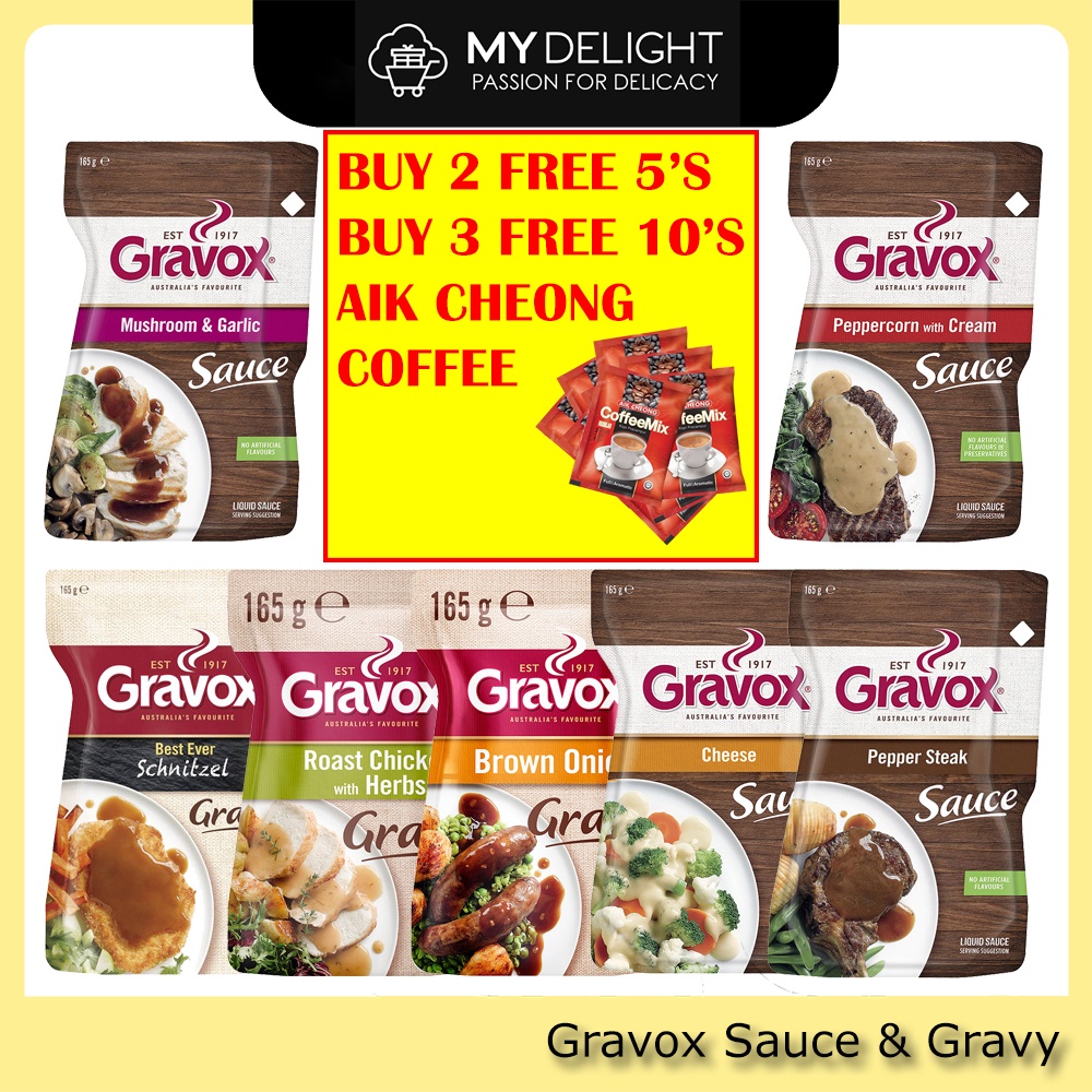 165g Gravox Gravy Sauce Brown Onion Cheese Mushroom & Garlic Peppercorn With Cream Pepper Steak