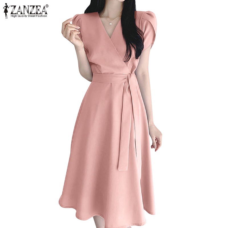 ZANZEA Women Fashion Puff Short Sleeve V Neck A Line Party Night Gown Long Dress