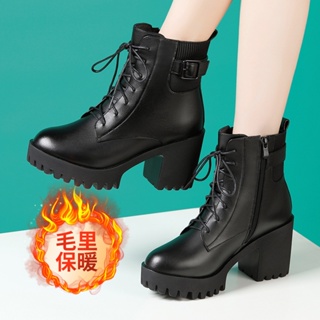 Image of thu nhỏ [Qiannian Beautiful Women's Shoes 2] High-Heeled Martin Boots Women 2021 Autumn Winter New Style Round Toe Lace-Up Fleece-Lining Mid-Tube Waterproof Platform Thick-So #6