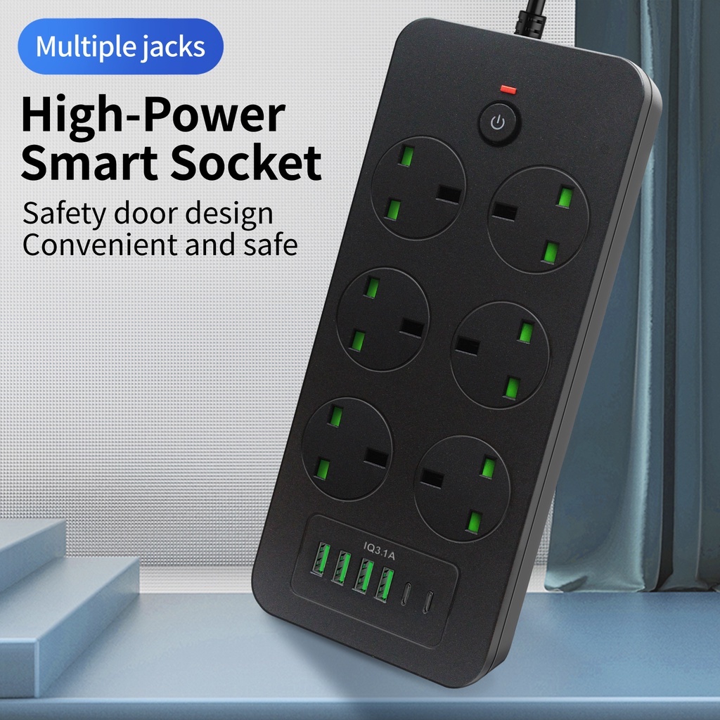 UK Extension Plug 3000W Multi Plug Power Strip 2 Type C PD Ports4 USB