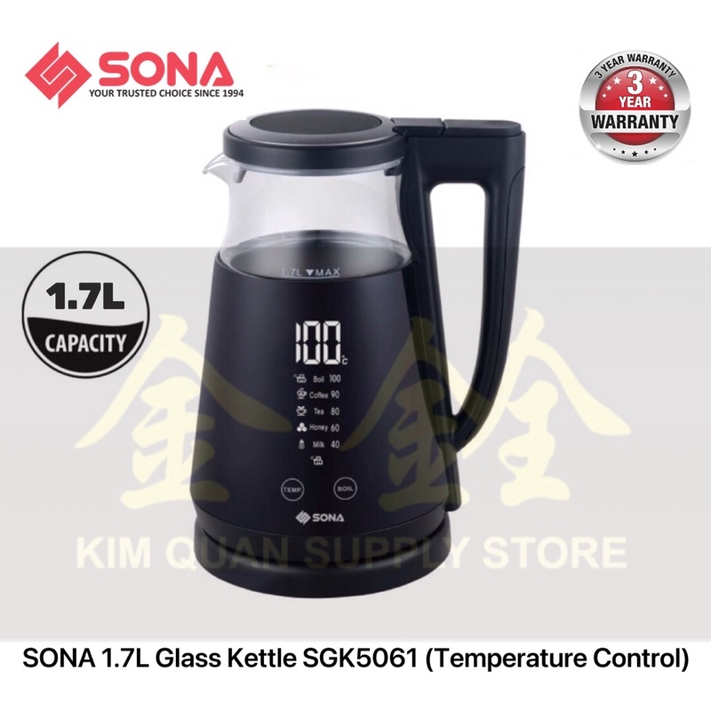 SONA 1.7L Glass Kettle with Temperature Control (Three Years Electrical