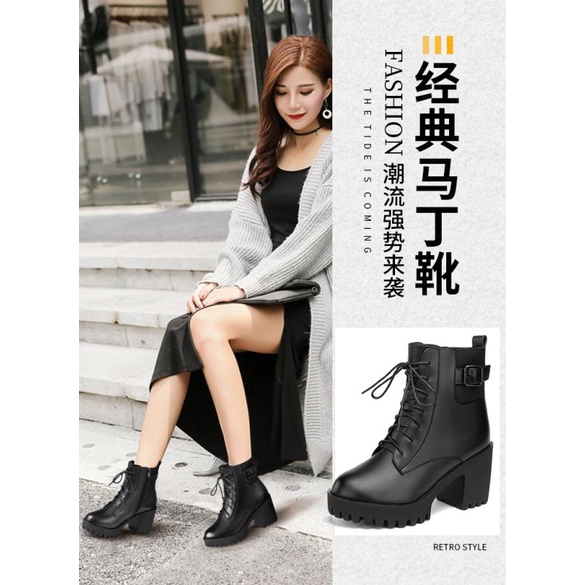 Image of [Qiannian Beautiful Women's Shoes 2] High-Heeled Martin Boots Women 2021 Autumn Winter New Style Round Toe Lace-Up Fleece-Lining Mid-Tube Waterproof Platform Thick-So #7