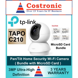 TP-LINK TAPO C210 3MP PAN/TILT HOME SECURITY FULL HD 1080P WI-FI CAMERA + SanDisk High Endurance MicroSD Card Bundle