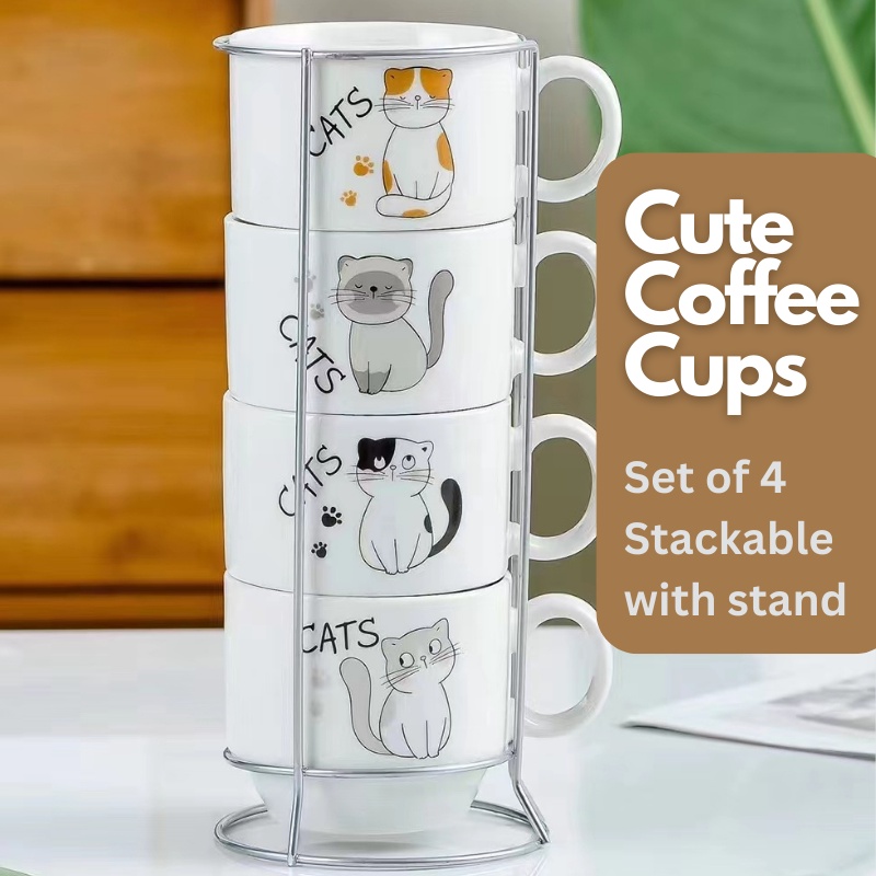 Stackable Ceramic Coffee / Tea  cup with stand - Suitable for Coffee , Tea or Hot drinks - 150ml . Set of 4