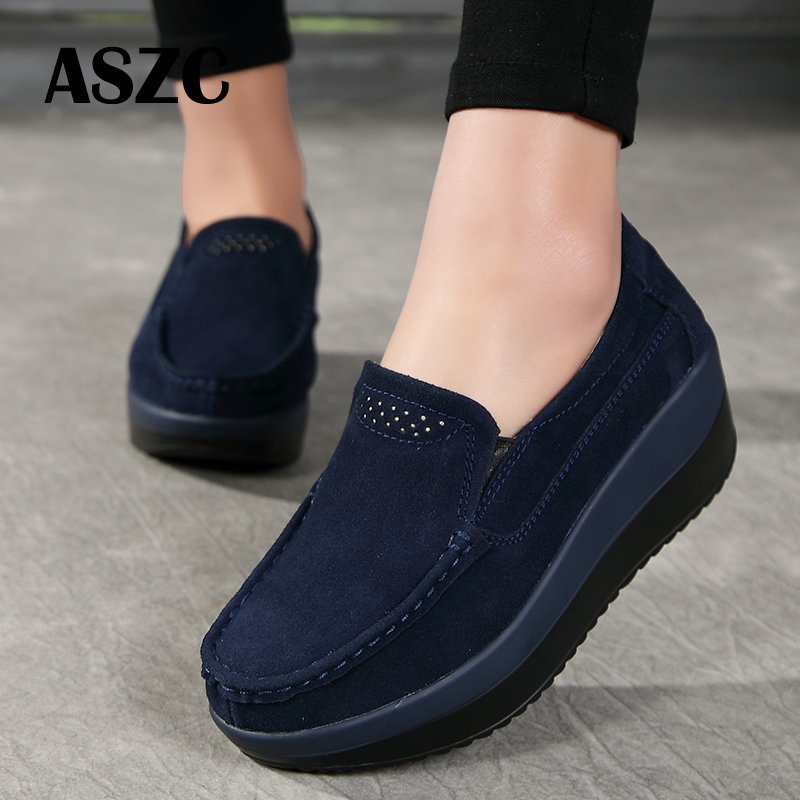 【ASZC】Fashion Women Platform Shoes Comfort Anti Slip Suede Leather Loafers Height Increasing Ladies Casual Shoe