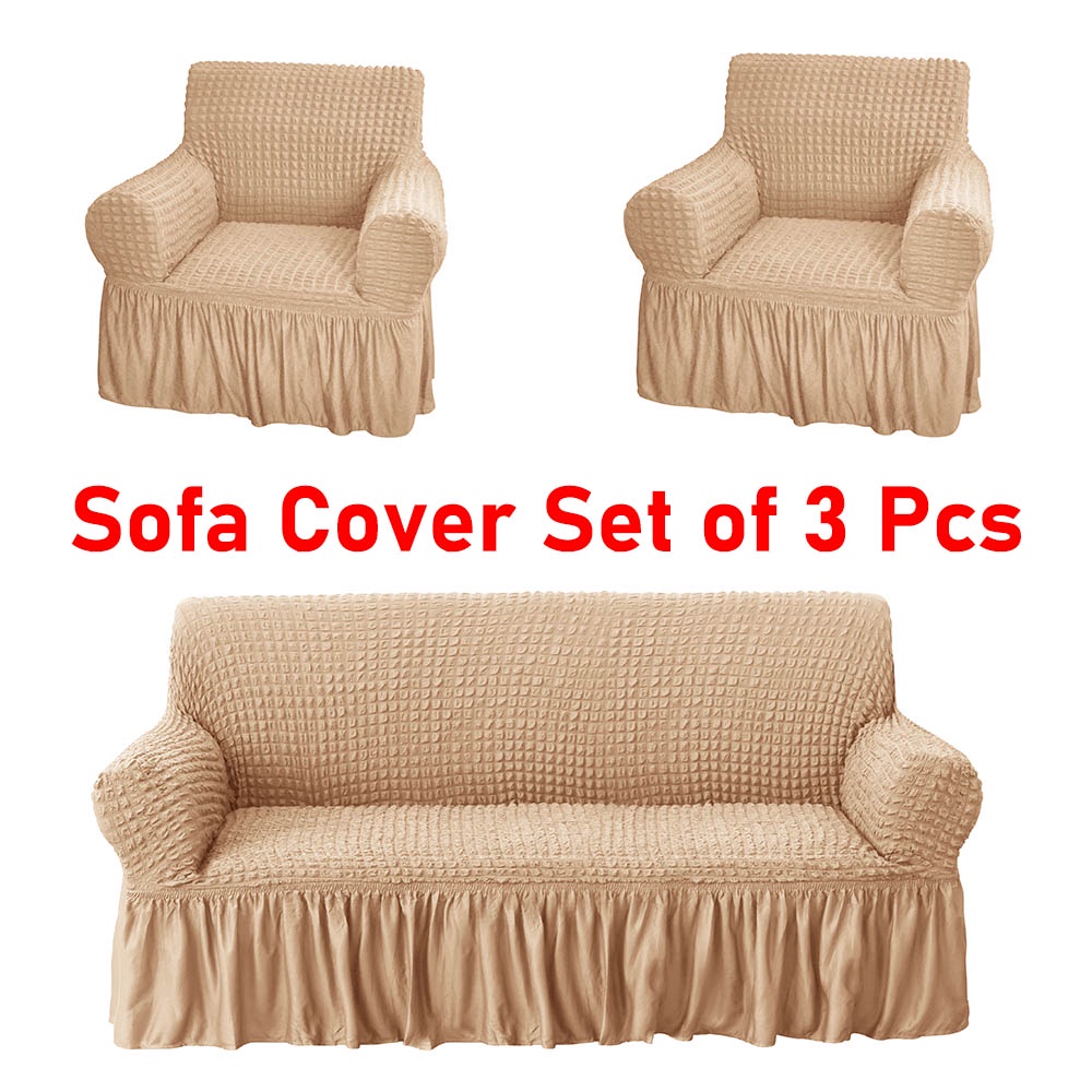 Sofa Cover Set of 3 Pcs Elastic Seersucker Sofa Seat Cover With Lace Skirt Makapal Fabric Slipcover