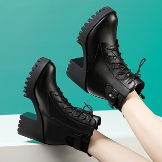 Image of thu nhỏ [Qiannian Beautiful Women's Shoes 2] High-Heeled Martin Boots Women 2021 Autumn Winter New Style Round Toe Lace-Up Fleece-Lining Mid-Tube Waterproof Platform Thick-So #3