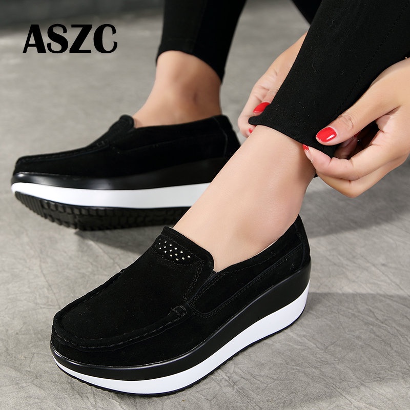 Image of 【ASZC】Fashion Women Platform Shoes Comfort Anti Slip Suede Leather Loafers Height Increasing Ladies Casual Shoe #7