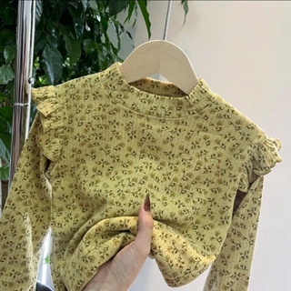 3-7 Years Kids Fashion  Autumn Mid Height Collar Long Sleeve Cotton Tops Spring Flower Print  Girls T-Shirt