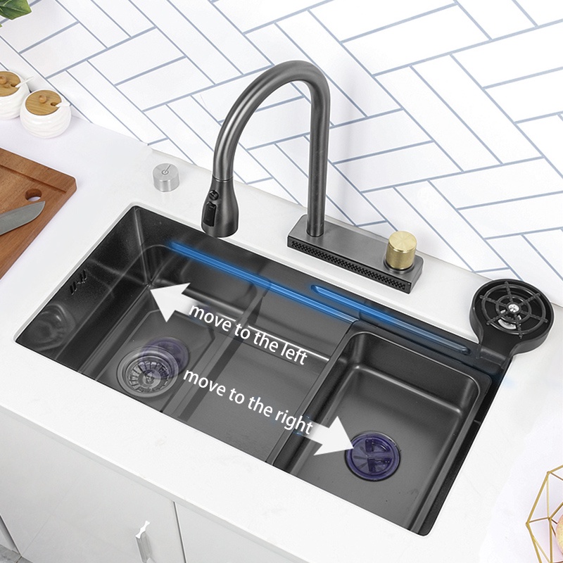 Black 304 Stainless Steel Waterfall Sink Undermount Kitchen Sink Single