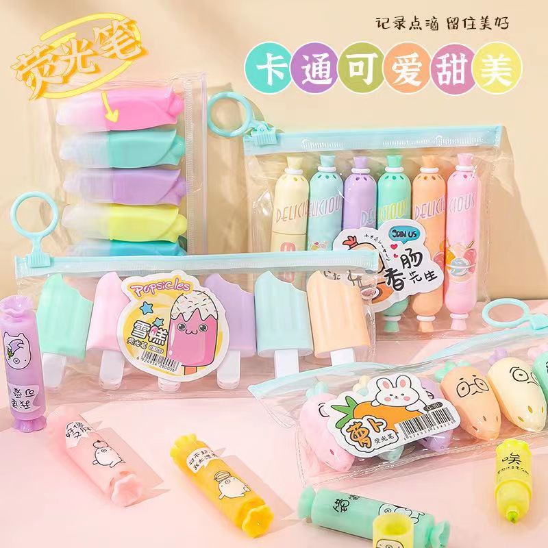 6pcs Ice Cream Highlighter Eye Color Marker Pen Student Small Light