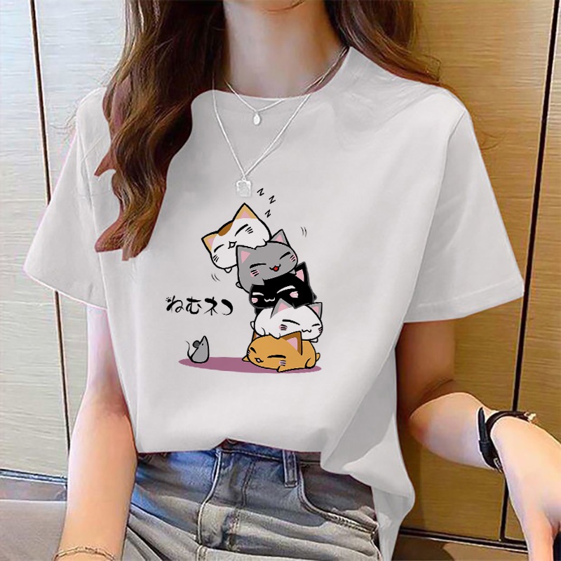 Cute Cat Short Sleeve T-shirt Women Loose Round Neck Top Korean Style ...