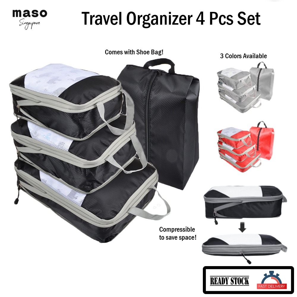 [Maso] Compression Packing Cubes for Suitcase, 4 Set Packing Organizers with 3 Sizes and Shoe Bag