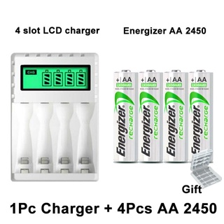 Pujimax 4 slot LCD smart battery charger with Energizer AA and AAA rechargeable batteries for high quality fast charging