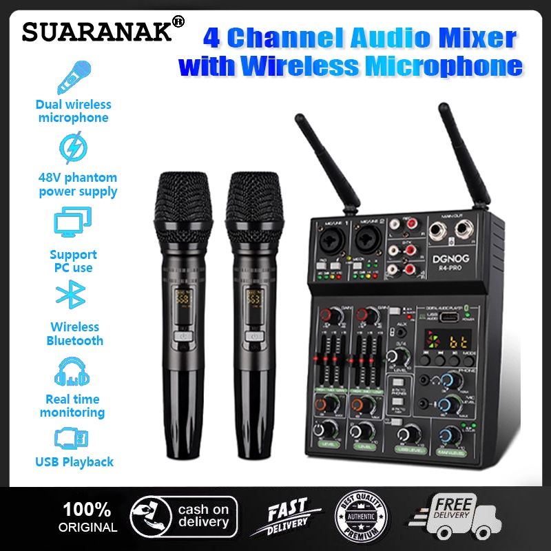 4 Channel USB Audio Mixer with Wireless Microphone Studio Sound Mixers