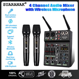 4 Channel USB Audio Mixer with Wireless Microphone Studio Sound Mixers with Bluetooth REC DJ Console Mixing for Karaoke