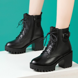 Image of thu nhỏ [Qiannian Beautiful Women's Shoes 2] High-Heeled Martin Boots Women 2021 Autumn Winter New Style Round Toe Lace-Up Fleece-Lining Mid-Tube Waterproof Platform Thick-So #2