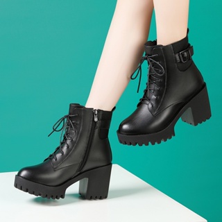 Image of thu nhỏ [Qiannian Beautiful Women's Shoes 2] High-Heeled Martin Boots Women 2021 Autumn Winter New Style Round Toe Lace-Up Fleece-Lining Mid-Tube Waterproof Platform Thick-So #1