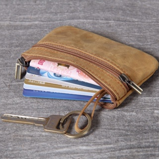 First layer Cowhide Mini Small Change Card Holder New Retro Handmade Leather Driver's license Pouch Coin Zipper Bag slim Pouches Wallet #2
