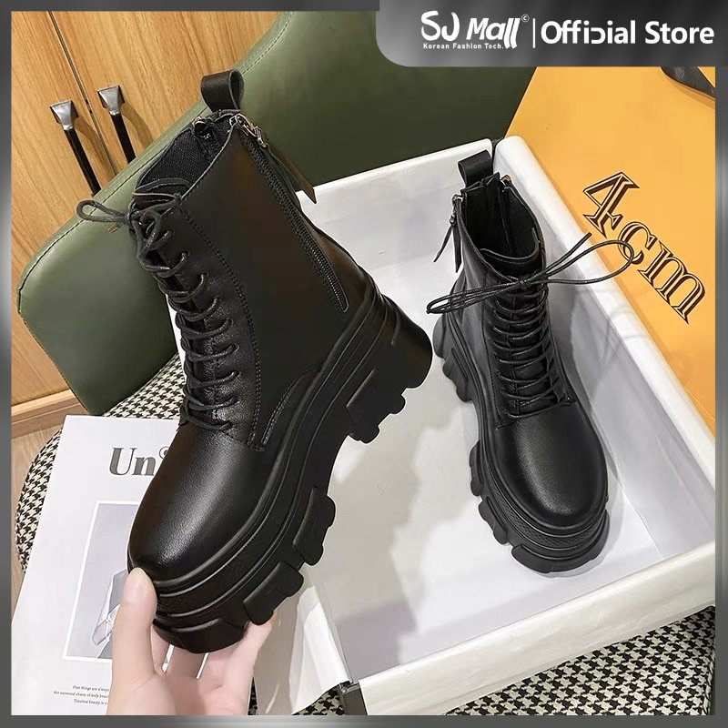 Korean Fashion high cut women casual trending decorleather MaryJane ankle boots ( 2 zipper +laces )