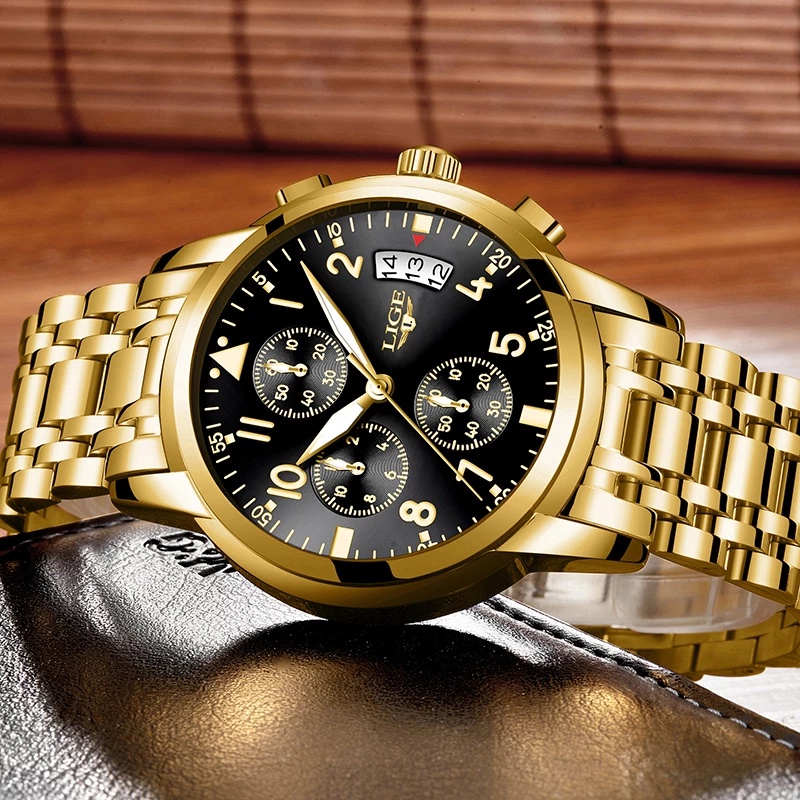 LIGE Men Watch Stainless Steel Waterproof Fashion Chronograph Analog Quartz Wristwatch