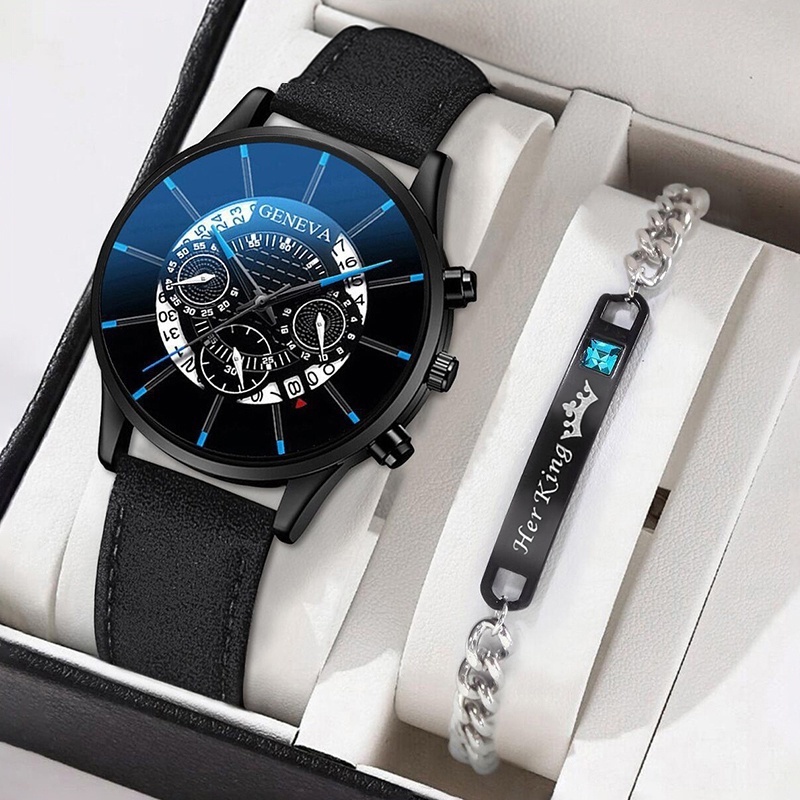 GENEVA Fashion Men Leather Watch with Date Male Watch Bracelet Set