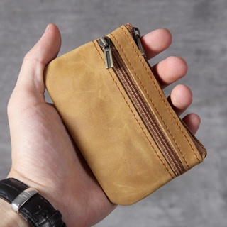 First layer Cowhide Mini Small Change Card Holder New Retro Handmade Leather Driver's license Pouch Coin Zipper Bag slim Pouches Wallet #0