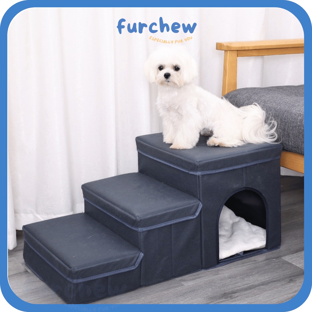 [SG] 3 Steps Pet Foldable Stairs with Storage & Cushion Mat Ramp Up