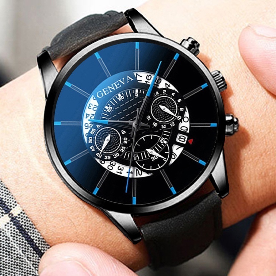 GENEVA Fashion Men Leather Watch with Date Male Watch Bracelet Set