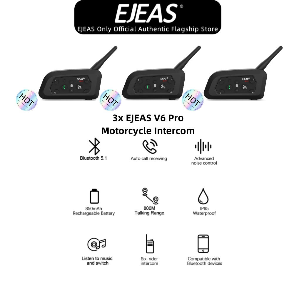 EJEAS V6 Pro Motorcycle Helmet Bluetooth Headset Bluetooth 5.1 Waterproof, with 2