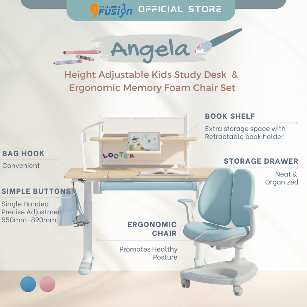 Angela Height Adjustable Kids Study Desk With Bookshelf, Storage ...