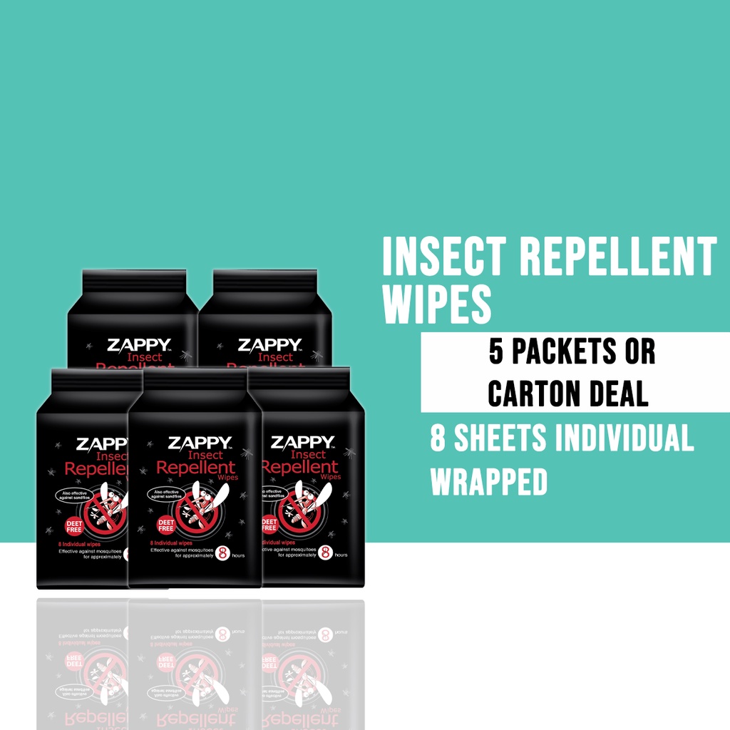 Zappy Lifestyle Insect Repellent Wipes 8s (5 packets or Carton Deal 20