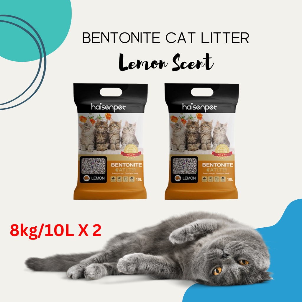 Haisen Pet Bentonite Clay Cat Litter 8kg/10L Bag Lemon Scent (2 Packs