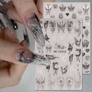 3D Metallic Zilver Nagel Stickers Vlinder Inkt Maan Hart Sliders Charms Lock Dark Black Folies Nail Decor Sieraden Accessoire Sasw