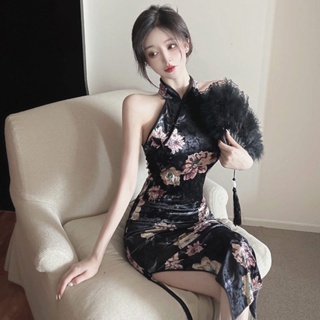 2023 New Fashion High end Chinese Style Modified Cheongsam Evening Dress Golden Velvet Dress Women