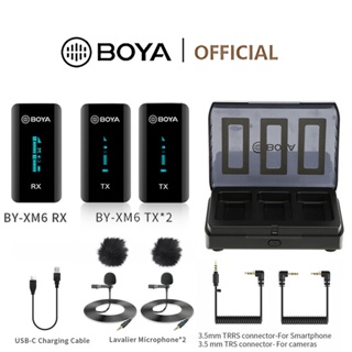 BOYA BY-XM6 K2 Wireless Lavalier Microphone with Charging Box Professional 2.4GHz Lapel Mic with Real-time Monitoring for Smartphone Laptop Action Camera Vlogging Live Streaming