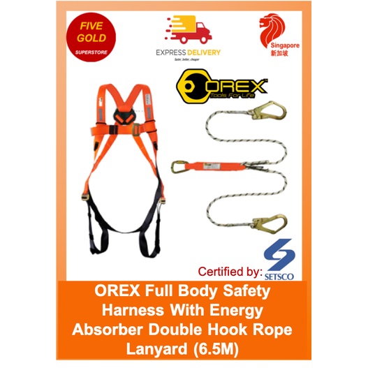 OREX Full Body Safety Harness With Energy Absorber Double Hook Rope Lanyard (6.5M) Shopee