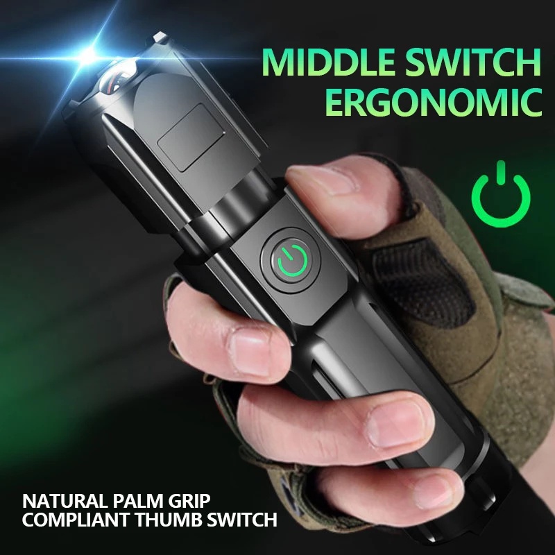 Portable Zoomable Strong Light Focus LED Bright ABS Flashlight USB Rechargeable Outdoor Highlight Tactical Flashlight Multi-function Telescopic Focus Torch