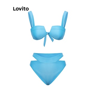 Lovito Sexy Plain Underwire Cut Out Women Bikini Set L38AD026 (Blue)
