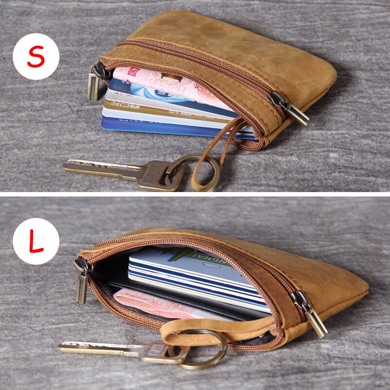 First layer Cowhide Mini Small Change Card Holder New Retro Handmade Leather Driver's license Pouch Coin Zipper Bag slim Pouches Wallet