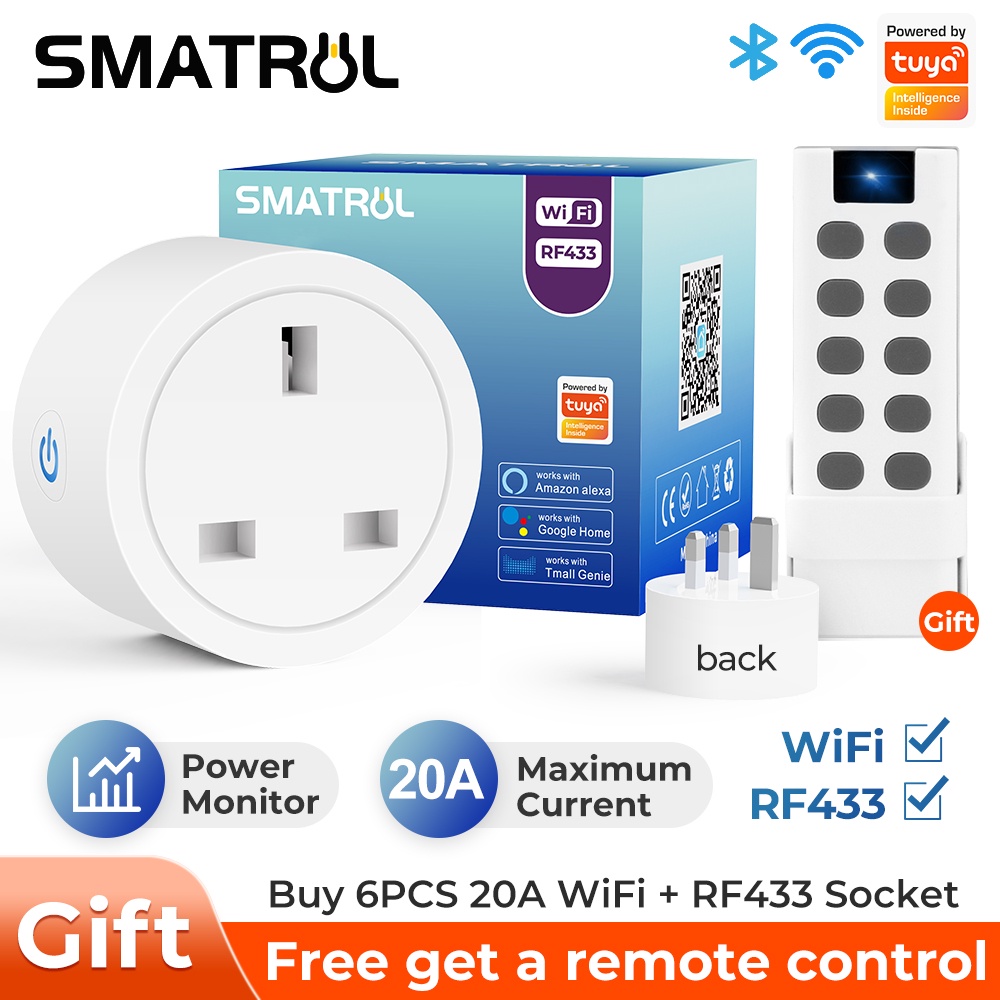 SMATRUL 20A/16A UK Plug Tuya WiFi Socket Adaptor Outlet Smart Life APP Voice Timer Google Home