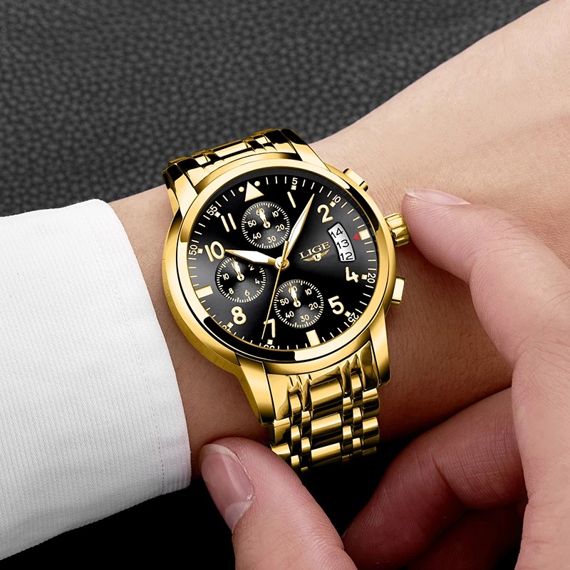 LIGE Men Watch Stainless Steel Waterproof Fashion Chronograph Analog Quartz Wristwatch